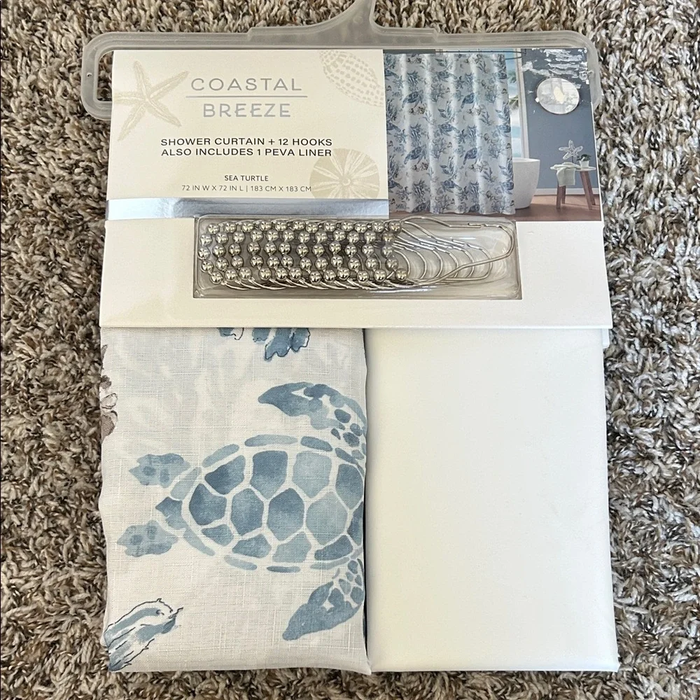 Coastal Breeze Sea Turtle Shower Curtain Set - Blue & White